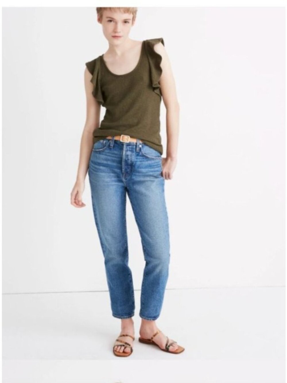 MADEWELL Womens Size Large Olive Green Cotton Ruffle Sleeve Scoop Neck Tank Top
